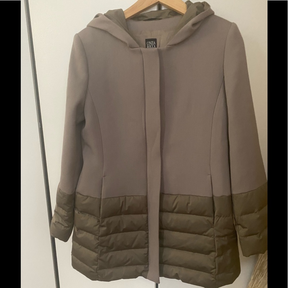 CINZIA ROCCA DUE BEIGE TAUPE WOOL HOODED COAT $985